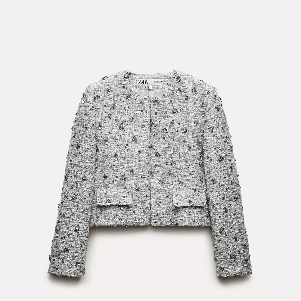 NEW Zara Collection Women's Silver, Tweed, Sequin Jacket